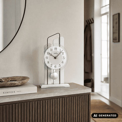 Zegar stołowy z wahadłem kwarcowym AMS T1258, aluminium • mechanizm wahadłowy kwarcowy • szkło mineralne