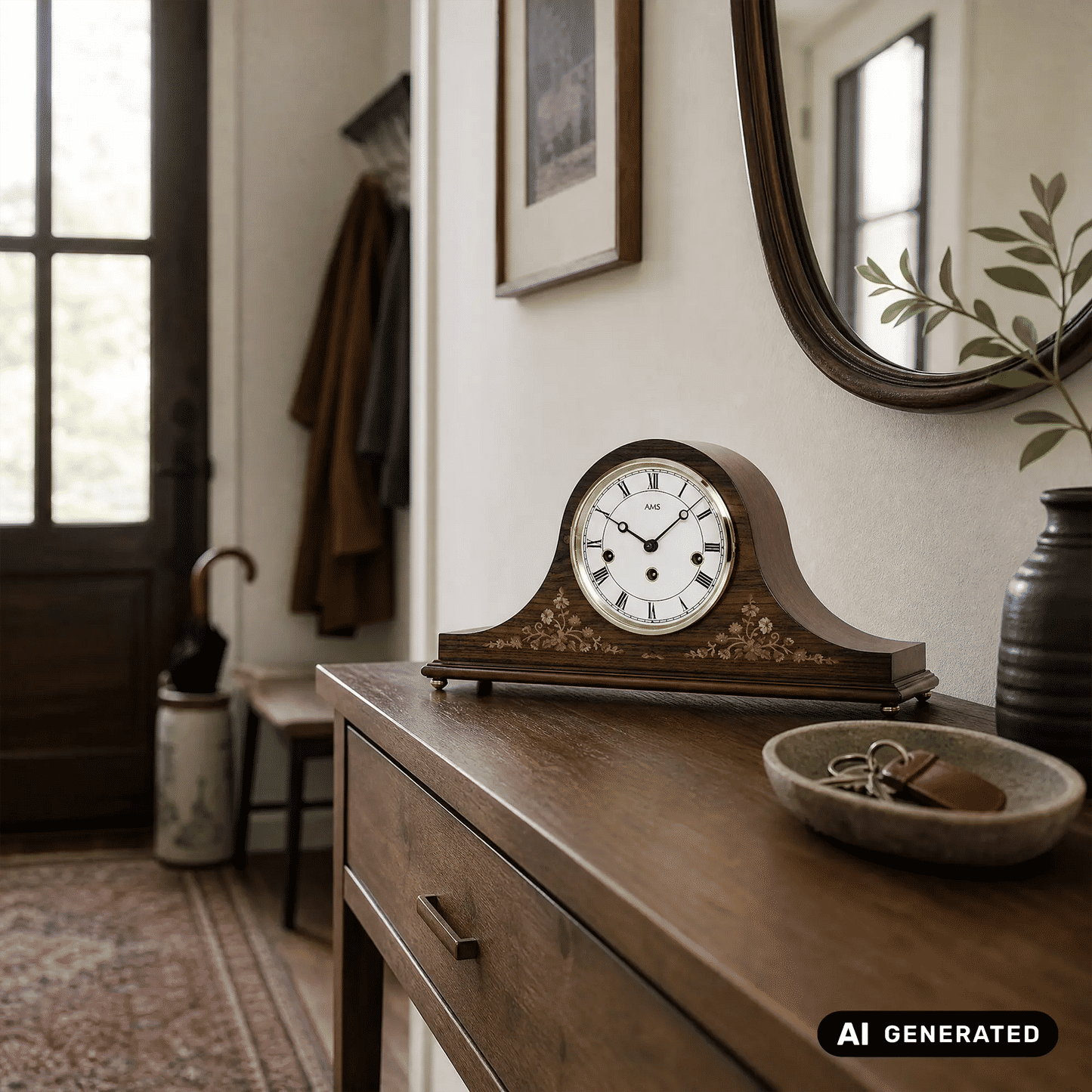 Zegar stołowy AMS T2188/1 orzech • 8-dniowy mechanizm Westminster • fornir orzechowy z intarsjami