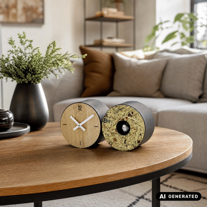 Runde Tischuhr mit Holzoptik-Ziffernblatt und speckeliger Front in Schwarzrahmen