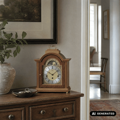 Mechaniczny zegar stołowy AMS T2195/9, drewno wiśniowe • mechanizm Westminster • faza księżyca