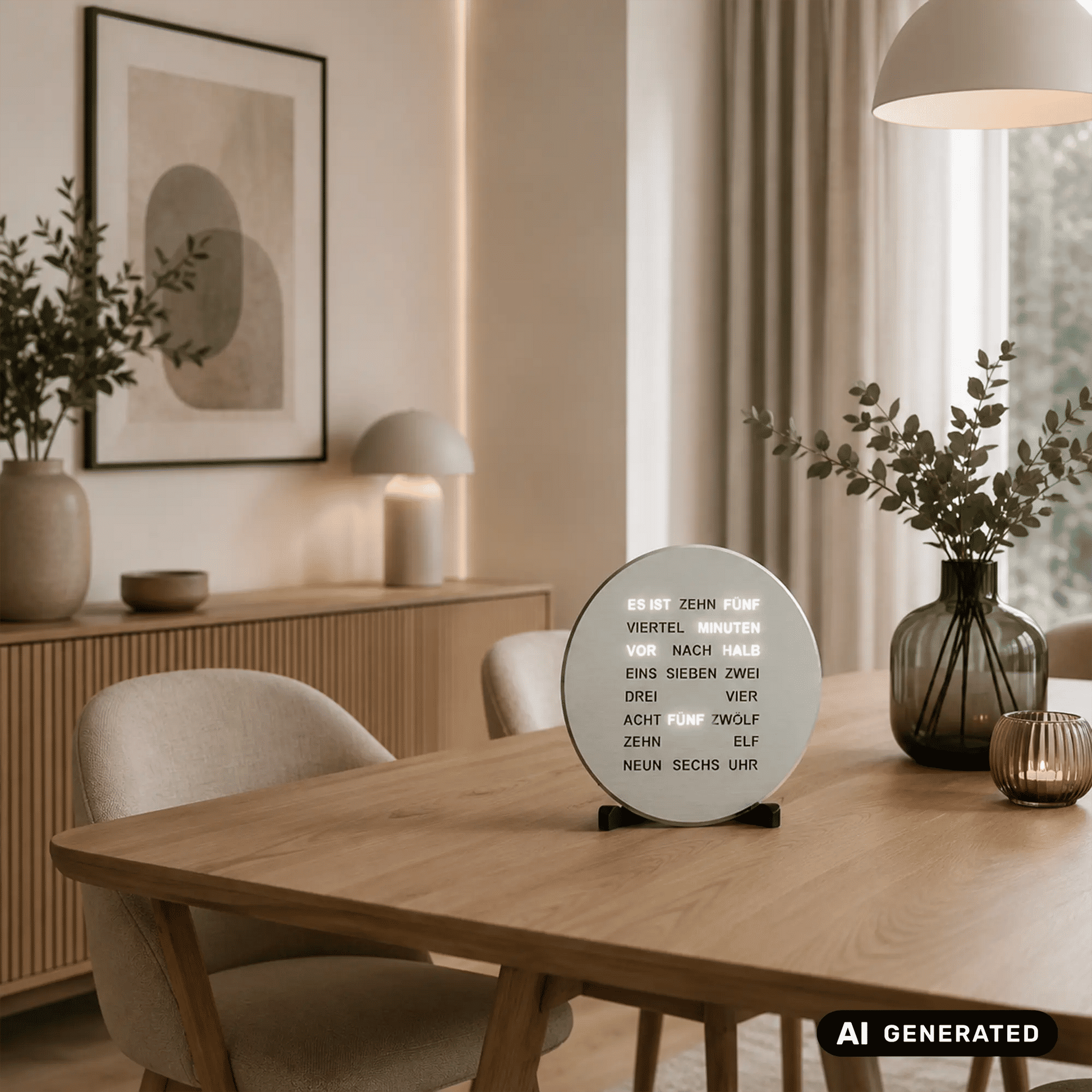 Okrągły zegar stołowy LED z podświetlanym tekstem, w kolorze aluminium, z podstawką
