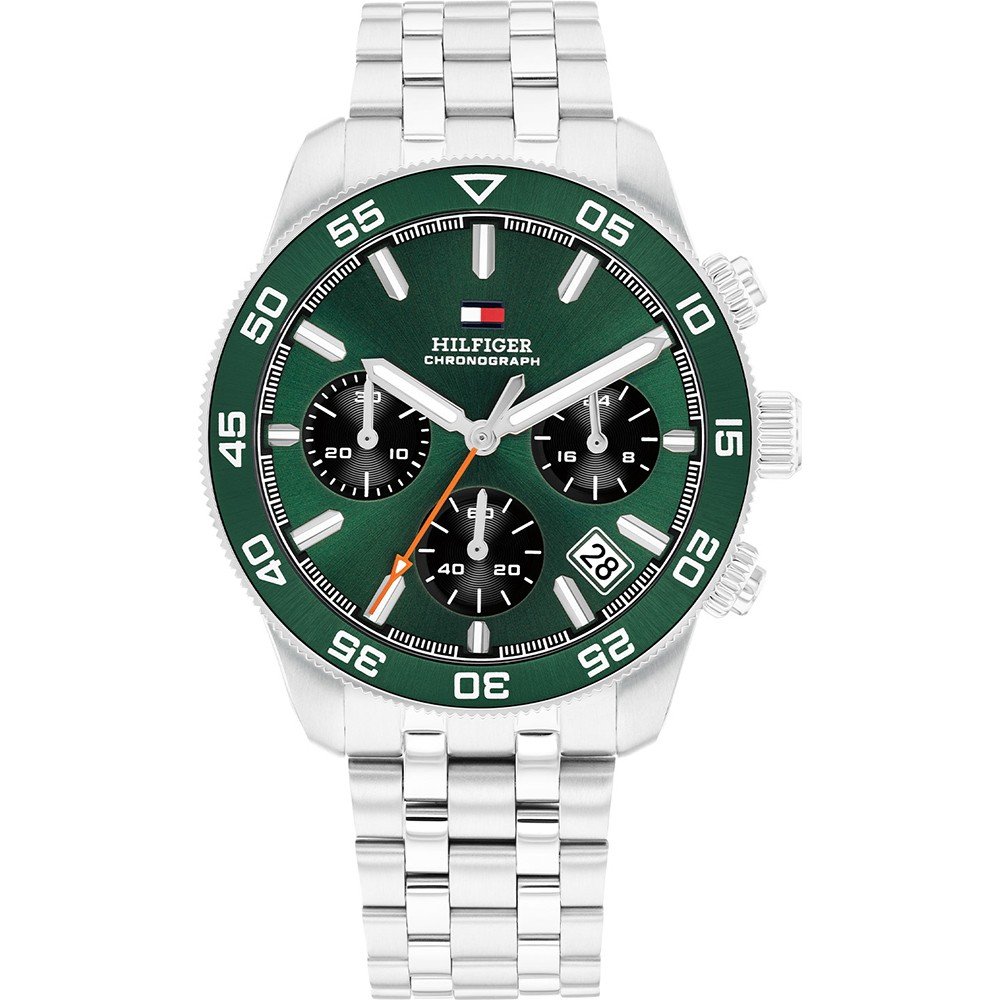 Damski zegarek Tommy Hilfiger ze srebrną bransoletą ze stali szlachetnej i zieloną tarczą chronografu