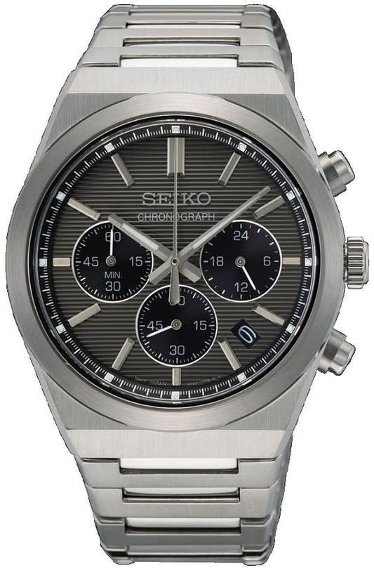 Zegarek męski Seiko: srebrna bransoleta ze stali szlachetnej, czarna tarcza chronografu z trzema subtarczami