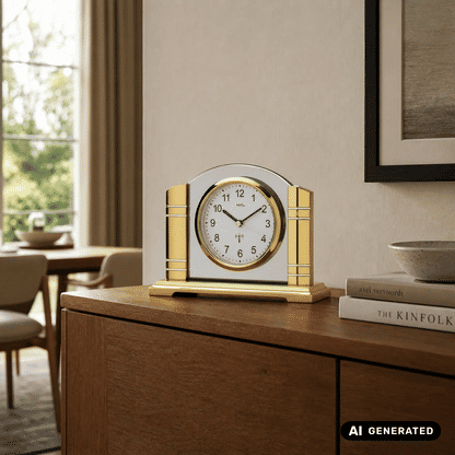 Tischuhr in Gold/Silber mit weißem Zifferblatt und römischen Zahlen, auf Holzkommode