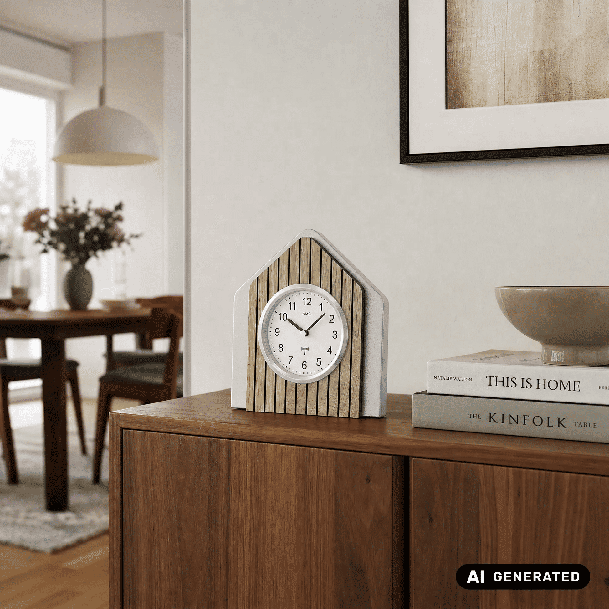 Holz-Tischuhr im Hausdesign auf Kommode, weißes Zifferblatt mit AMS-Logo