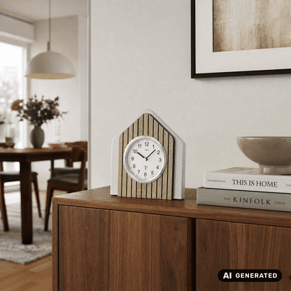 Holz-Tischuhr im Hausdesign auf Kommode, weißes Zifferblatt mit AMS-Logo