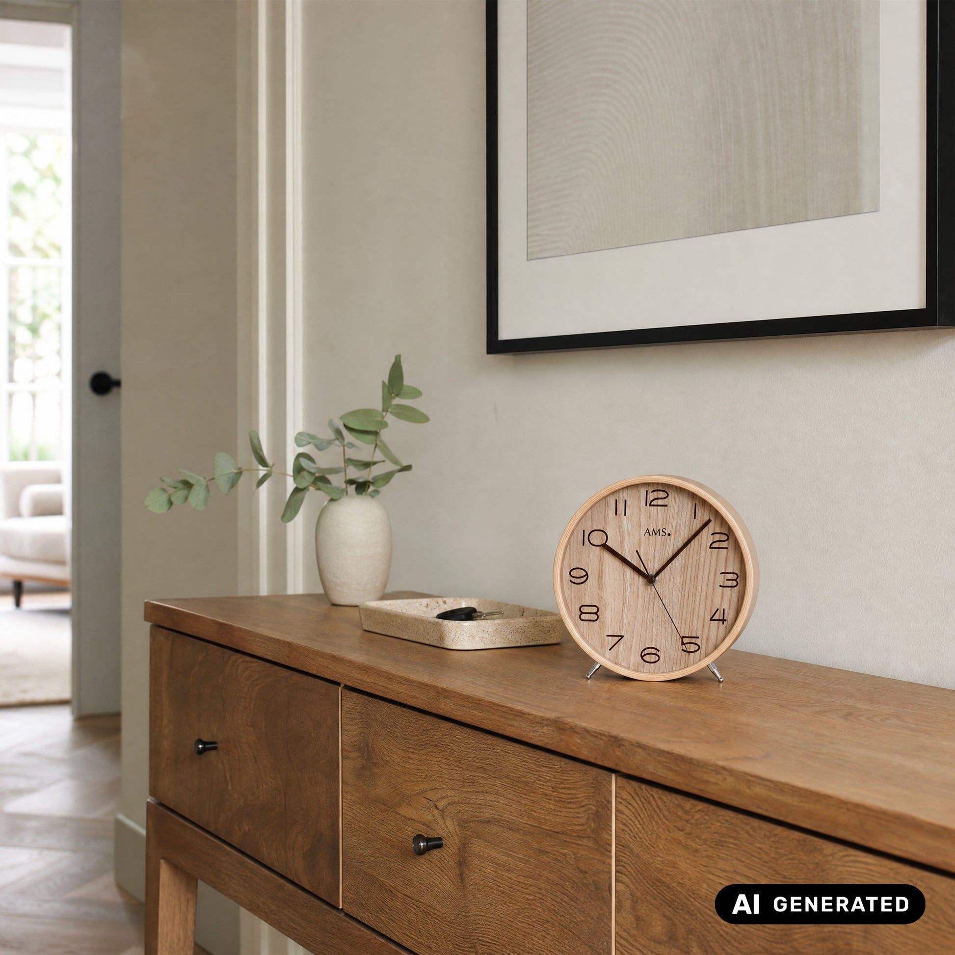 AMS Funk-Tischuhr auf Holzsideboard, rundes Buchenholz-Gehäuse mit schwarzen Stundenmarken