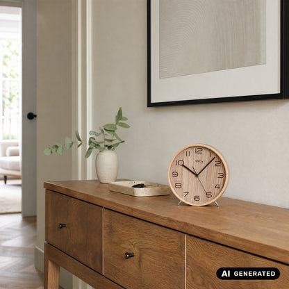 AMS Funk-Tischuhr auf Holzsideboard, rundes Buchenholz-Gehäuse mit schwarzen Stundenmarken