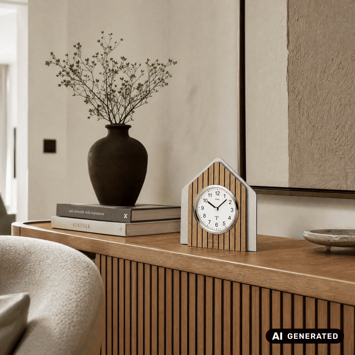 Holz-Tischuhr im Hausdesign auf Holzkonsole, weißes Zifferblatt mit Funk-Symbol