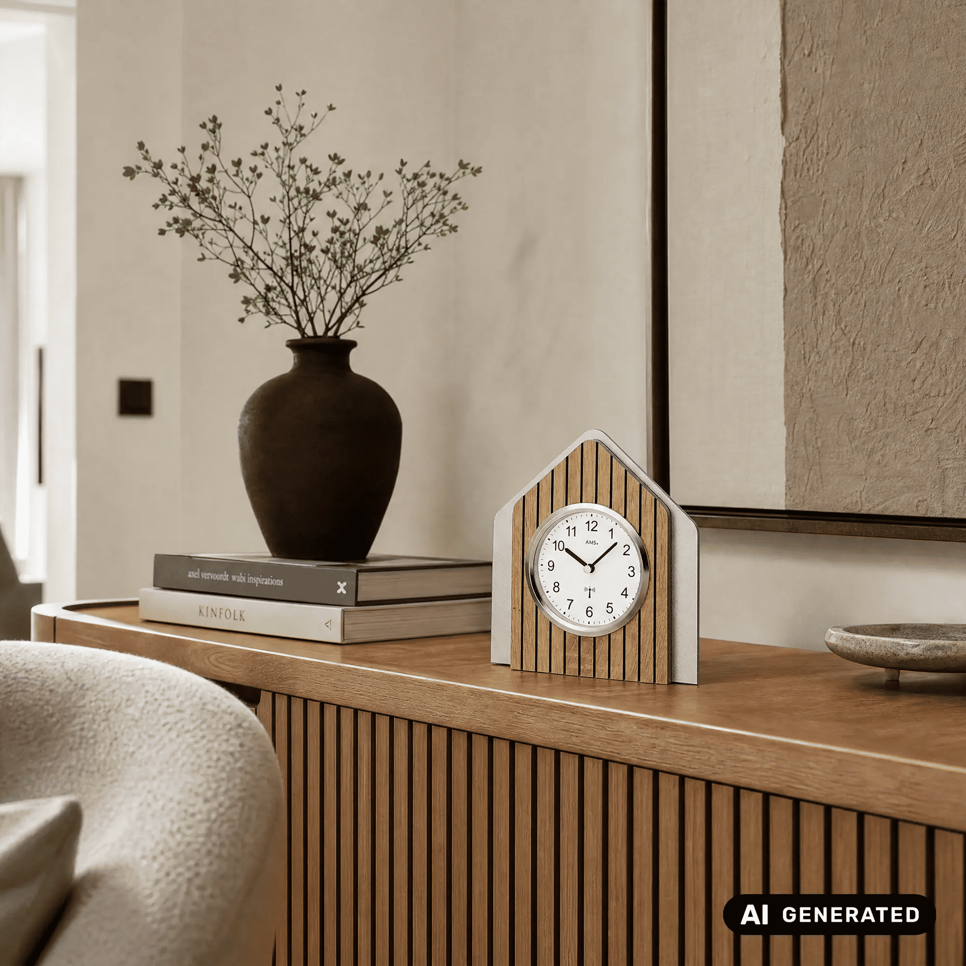Holz-Tischuhr im Hausdesign auf Holzkonsole, weißes Zifferblatt mit Funk-Symbol