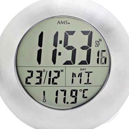 Digitale Funk-Wanduhr mit LCD-Ziffernanzeige und Thermometer im Aluminiumgehäuse