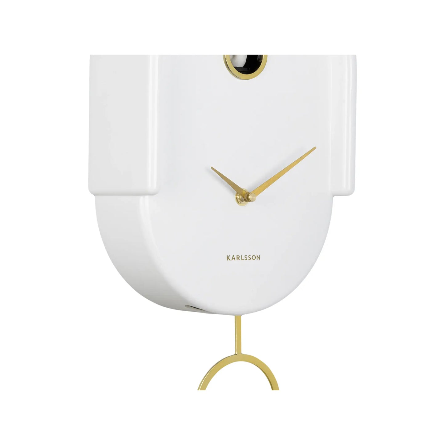 Weiße Wanduhr mit rundem Design, goldenen Zeigern und Kuckucks-Pendel an der Vorderseite