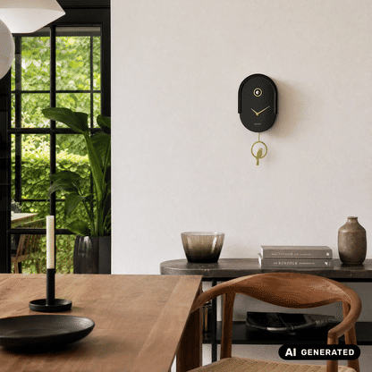 Karlsson Wanduhr an der Wand, schwarzes Gehäuse mit goldenem Pendel