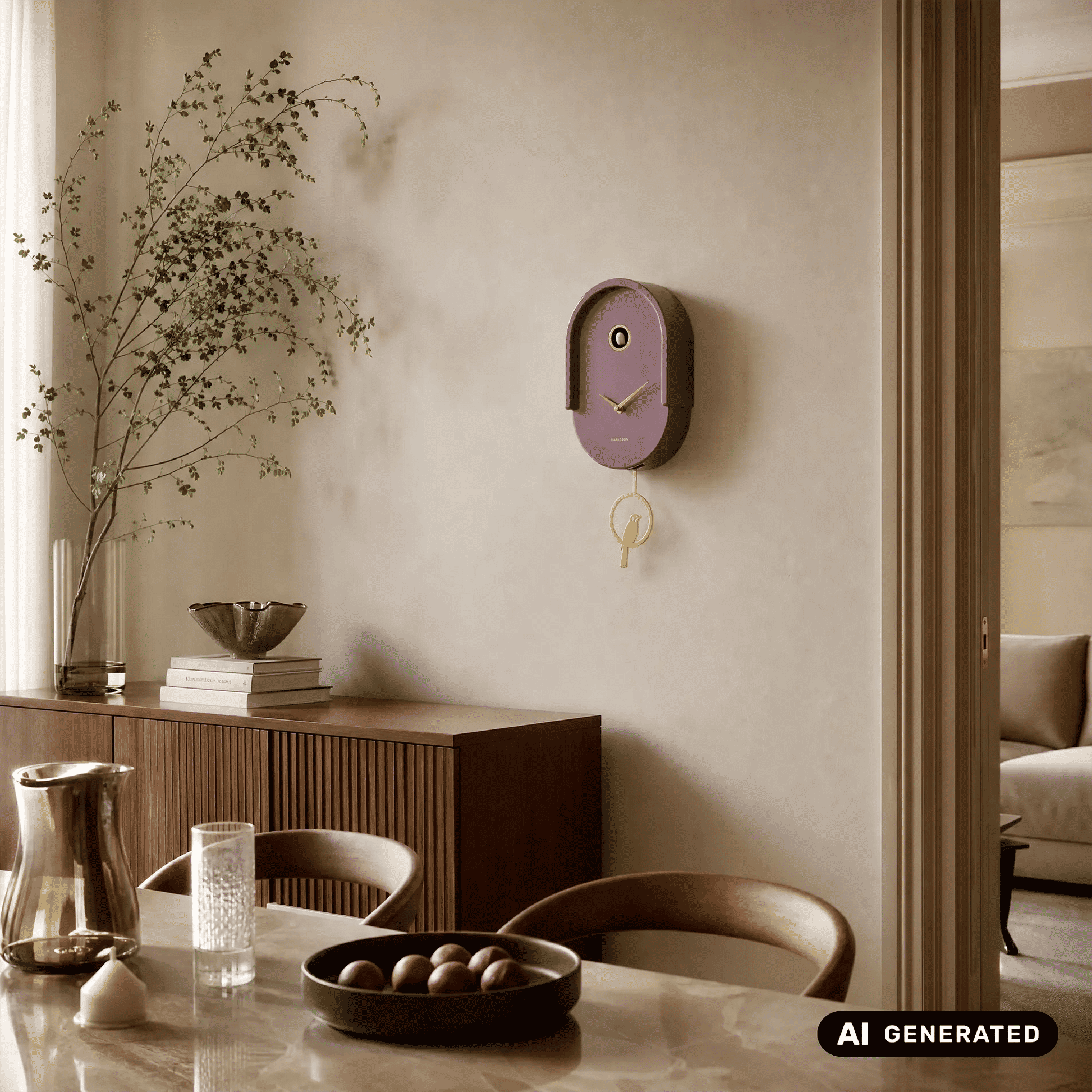 Lila Wanduhr an der Wand mit goldenen Zeigern und Vogel-Pendel