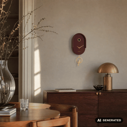 Burgunderrote Wanduhr an der Wand mit goldenem Pendel und goldenem Rahmen
