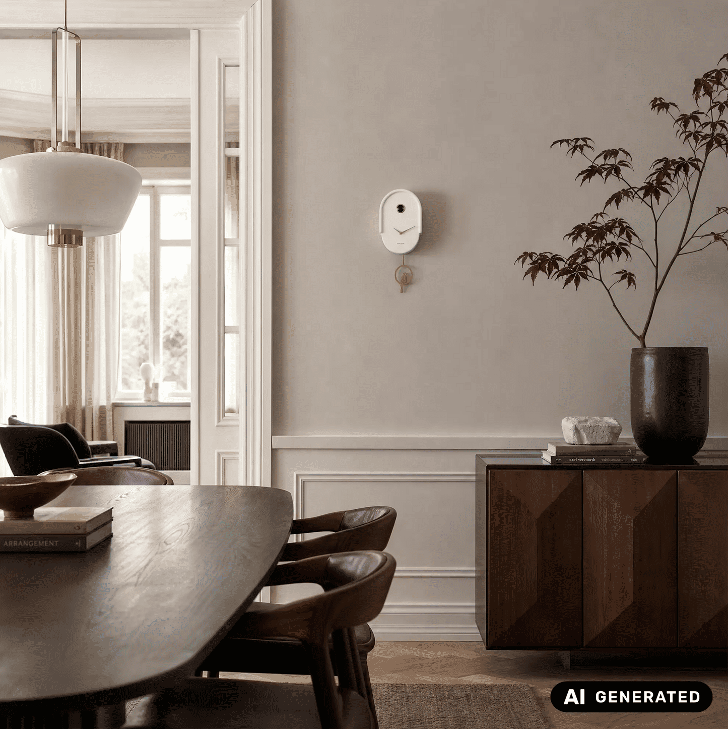 Weiße Wanduhr mit goldenen Zeigern und Kuckucks-Pendel an der Wand