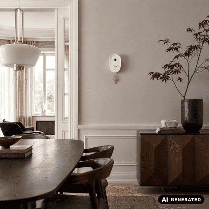 Weiße Wanduhr mit goldenen Zeigern und Kuckucks-Pendel an der Wand