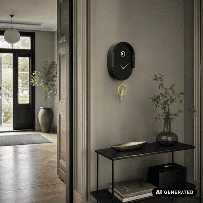Karlsson Wanduhr an der Wand mit geöffneten Seiten, schwarz und goldenes Vogelpendel