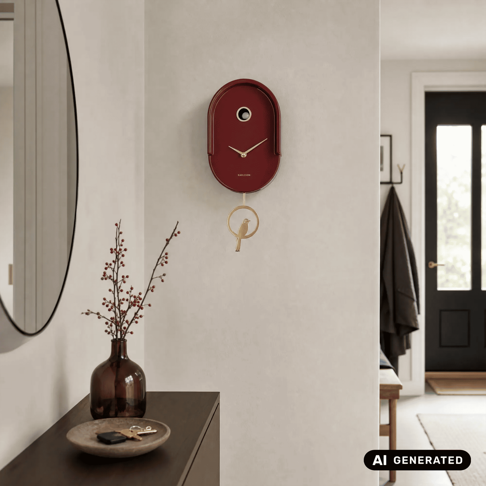Burgunderrote Wanduhr mit goldenem Pendel und Zeigern an der Wand