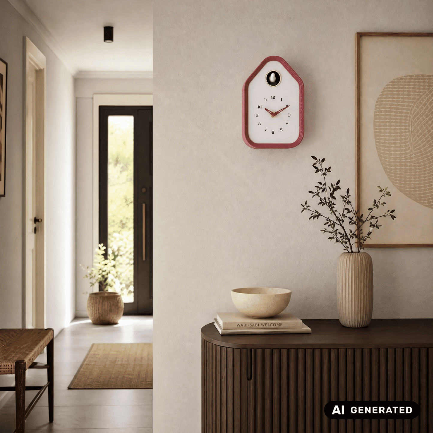 Karlsson Wanduhr bordeauxrot mit weißem Zifferblatt über einer Holzkommode
