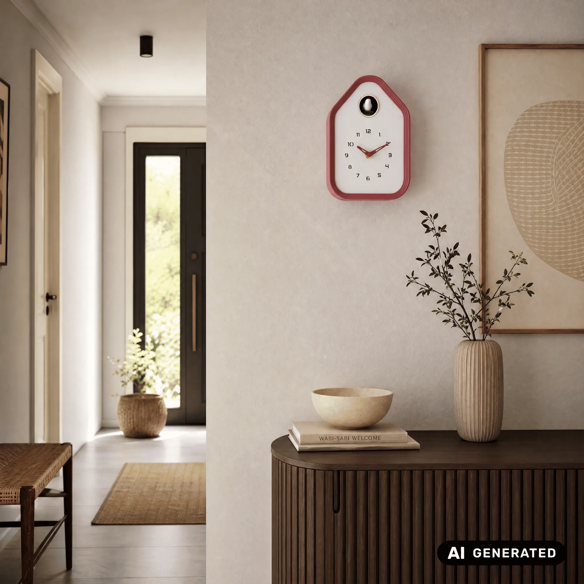 Karlsson Wanduhr bordeauxrot mit weißem Zifferblatt über einer Holzkommode