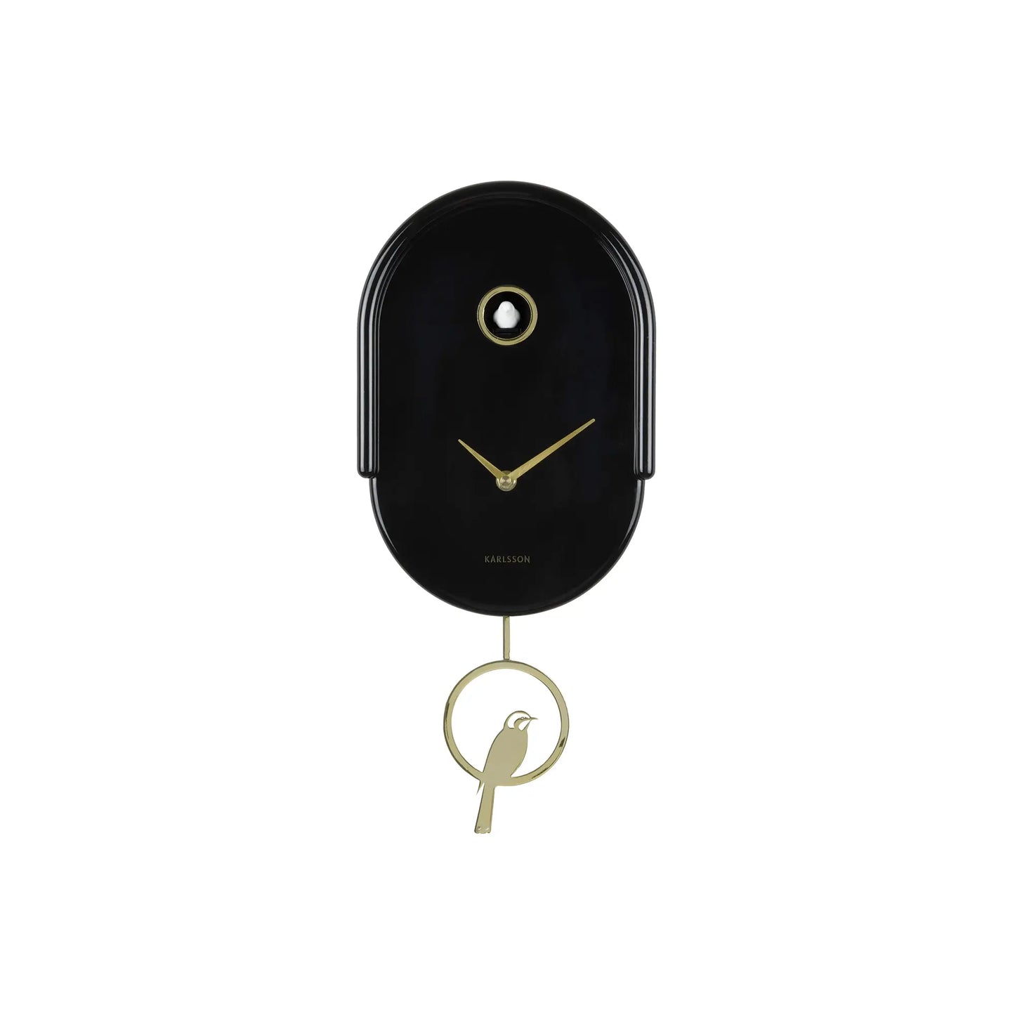 Karlsson Wanduhr Schwarz mit goldenen Zeigern und Vogelpendel