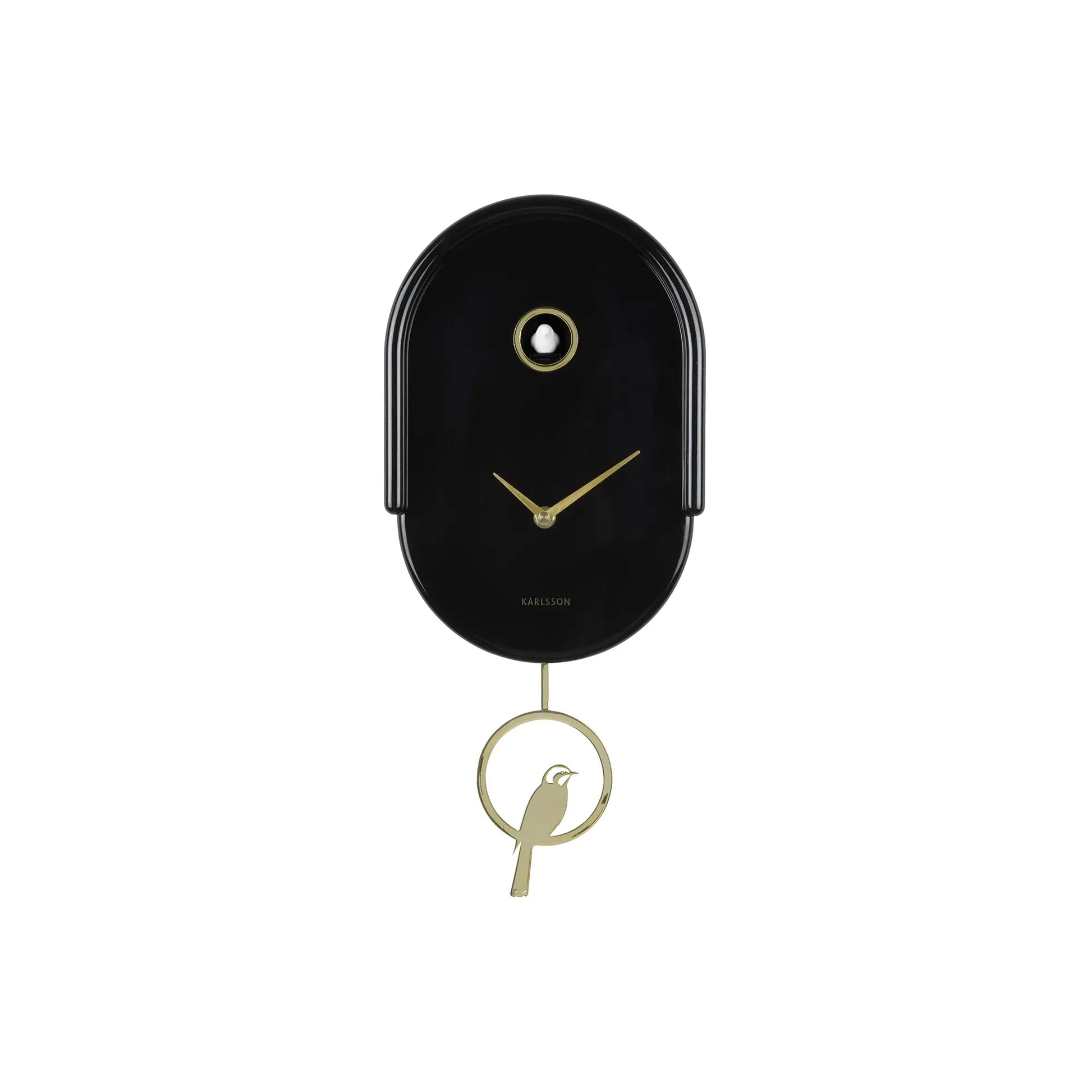 Karlsson Wanduhr Schwarz mit goldenen Zeigern und Vogelpendel