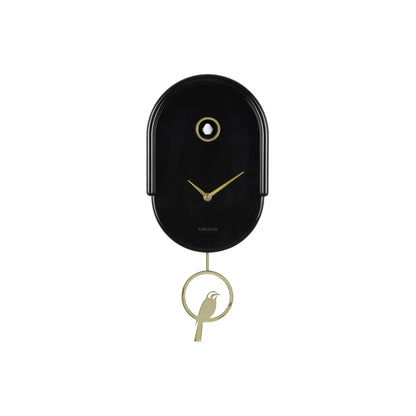 Karlsson Wanduhr Schwarz mit goldenen Zeigern und Vogelpendel