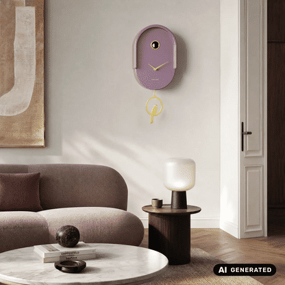 Lila Wanduhr an der Wand mit goldenen Zeigern und Vogel-Pendel