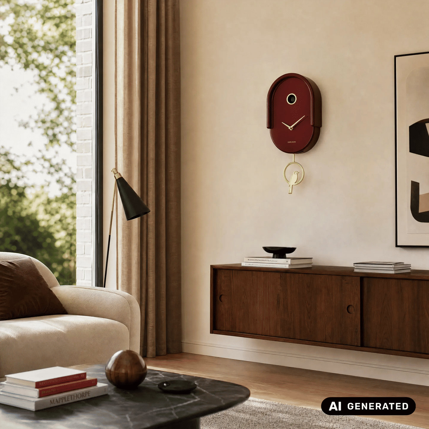 Burgunderrote Wanduhr an der Wand mit goldenem Pendel und Zeigern