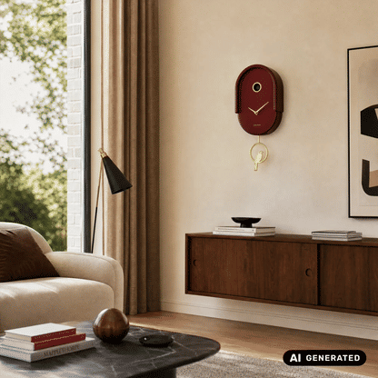 Burgunderrote Wanduhr an der Wand mit goldenem Pendel und Zeigern