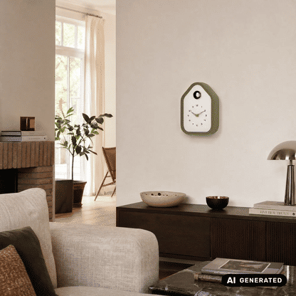 Wanduhr in Luxusgrün mit weißem Zifferblatt, Messingzeigern und rundem Türchen