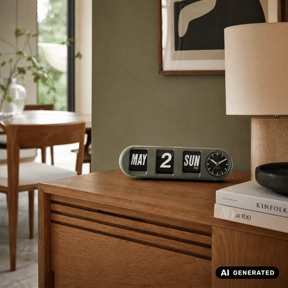 Karlsson-Röhrenwanduhr in Dschungelgrün mit Klappzahlen und Uhranzeige, länglich