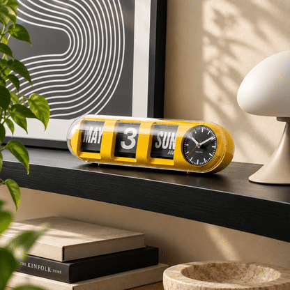 Leuchtgelbe Tube-Flip-Wanduhr mit Klappanzeige „MAY“, „3“ und „SUN“