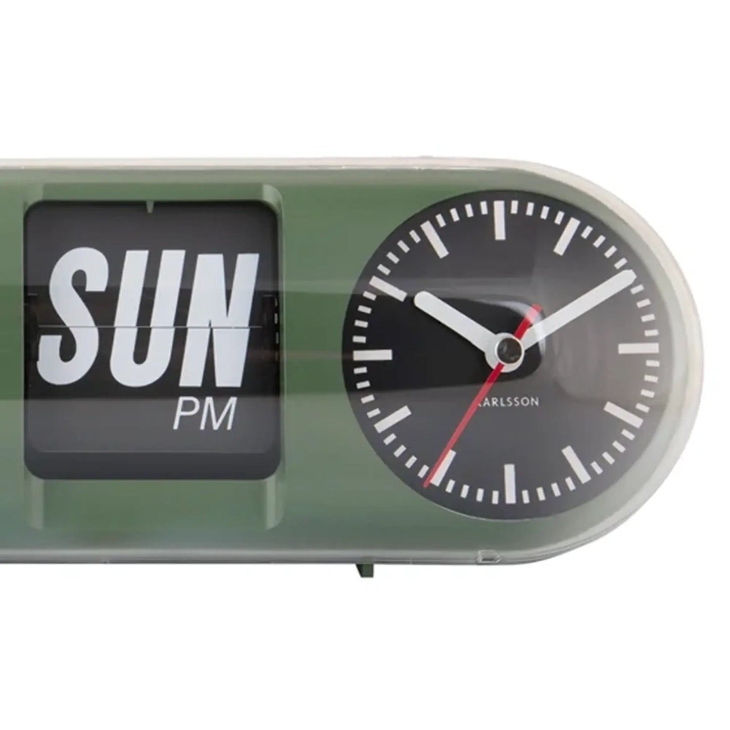 Karlsson-Röhrenwanduhr: Detail von „SUN PM“ und Runduhr mit Zeigern