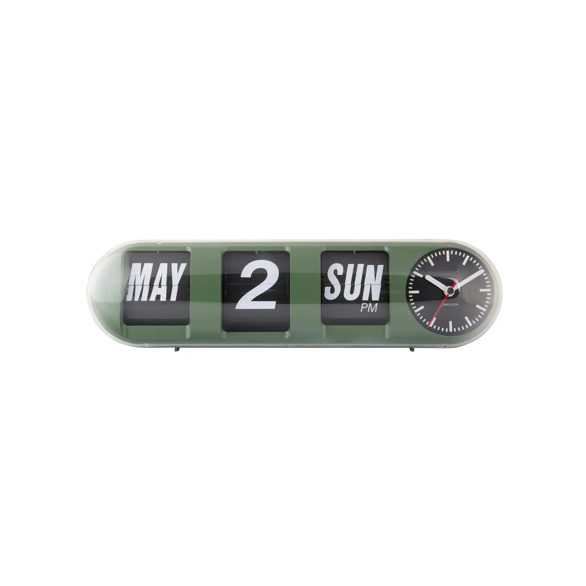 Karlsson-Röhrenwanduhr in Dschungelgrün: „MAY 2 SUN PM“ mit Runduhr