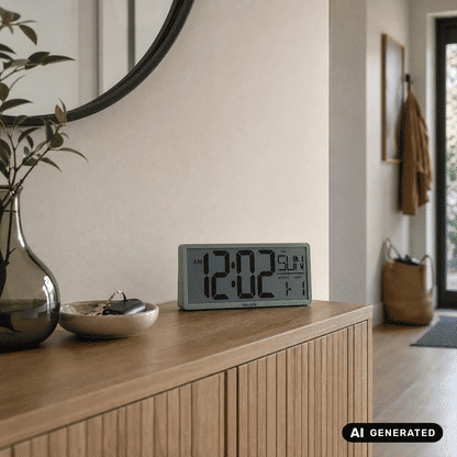Dschungelgrüne LCD-Wanduhr mit großem Zeitdisplay und Kalenderanzeige