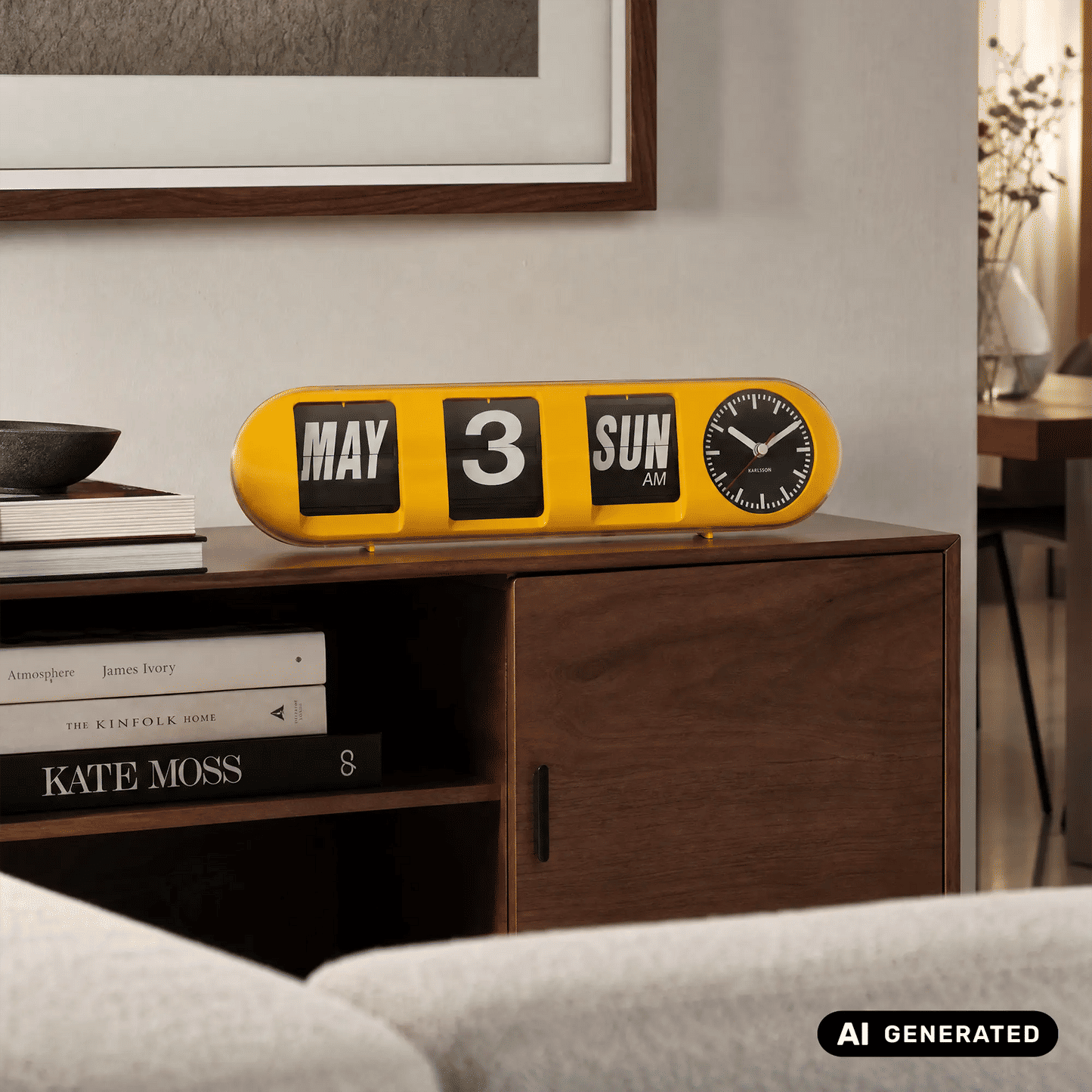 Leuchtgelbe Tube-Flip-Wanduhr an der Wand mit Klappzahlen „MAY“ und „SUN“