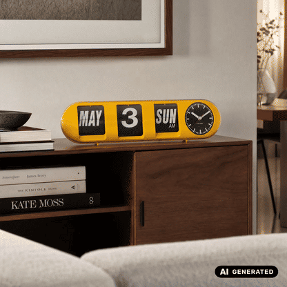 Leuchtgelbe Tube-Flip-Wanduhr an der Wand mit Klappzahlen „MAY“ und „SUN“