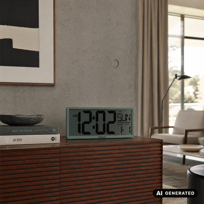 Dschungelgrüne LCD-Wanduhr mit großem Digitaldisplay und AM- sowie Tagesanzeige