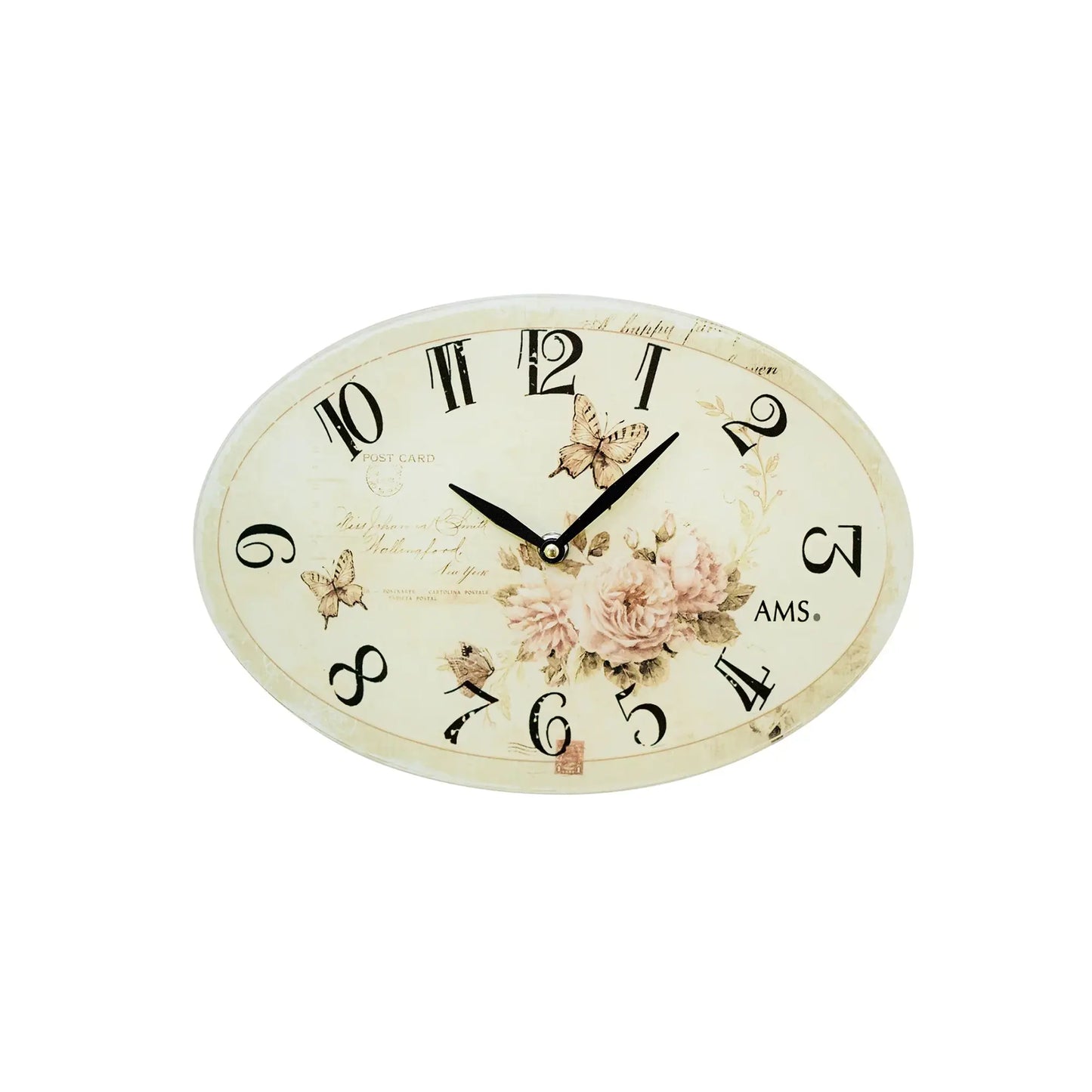 Runde Wanduhr mit cremefarbenem Zifferblatt, schwarzen Ziffern, Schmetterlingen und AMS-Logo