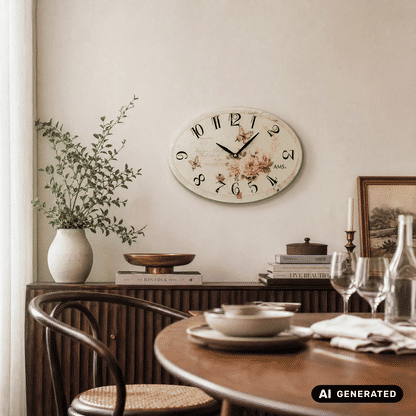 Runde Wanduhr an der Wand, cremefarbenes Zifferblatt mit Blumen, Schmetterlingen und schwarzen Zeigern