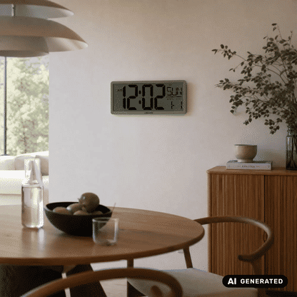 Dschungelgrüne LCD-Wanduhr an der Wand mit digitaler Uhr- und Kalenderanzeige