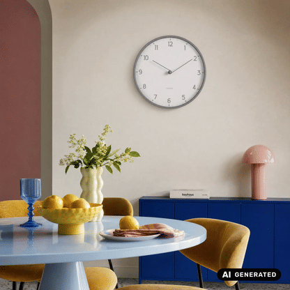 Karlsson Wanduhr an der Wand, rund, mit dunkelgrauem Rahmen und weißem Zifferblatt