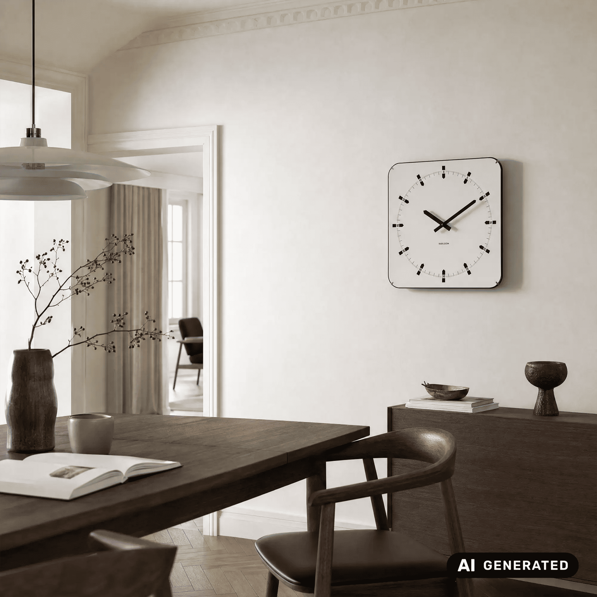 Quadratische Wanduhr: weißes Zifferblatt, schwarzer Rahmen, schwarze Zeiger und Marker.