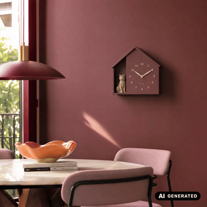 Wanduhr im Katzenhaus-Look, bordeauxrot, mit beiger Katzenfigur und silbernen Zeigern.