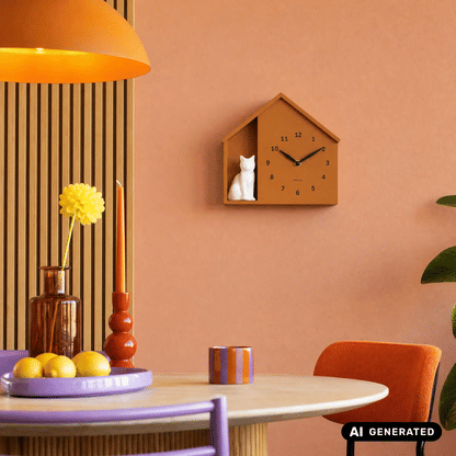 Wanduhr im Katzenhaus-Design mit weißer sitzender Katze, ockerfarbenes Gehäuse