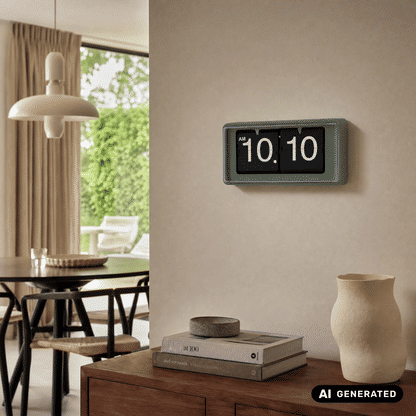 Wanduhr Dschungelgrün mit Klappzahlen und 10:10-Anzeige an der Wand