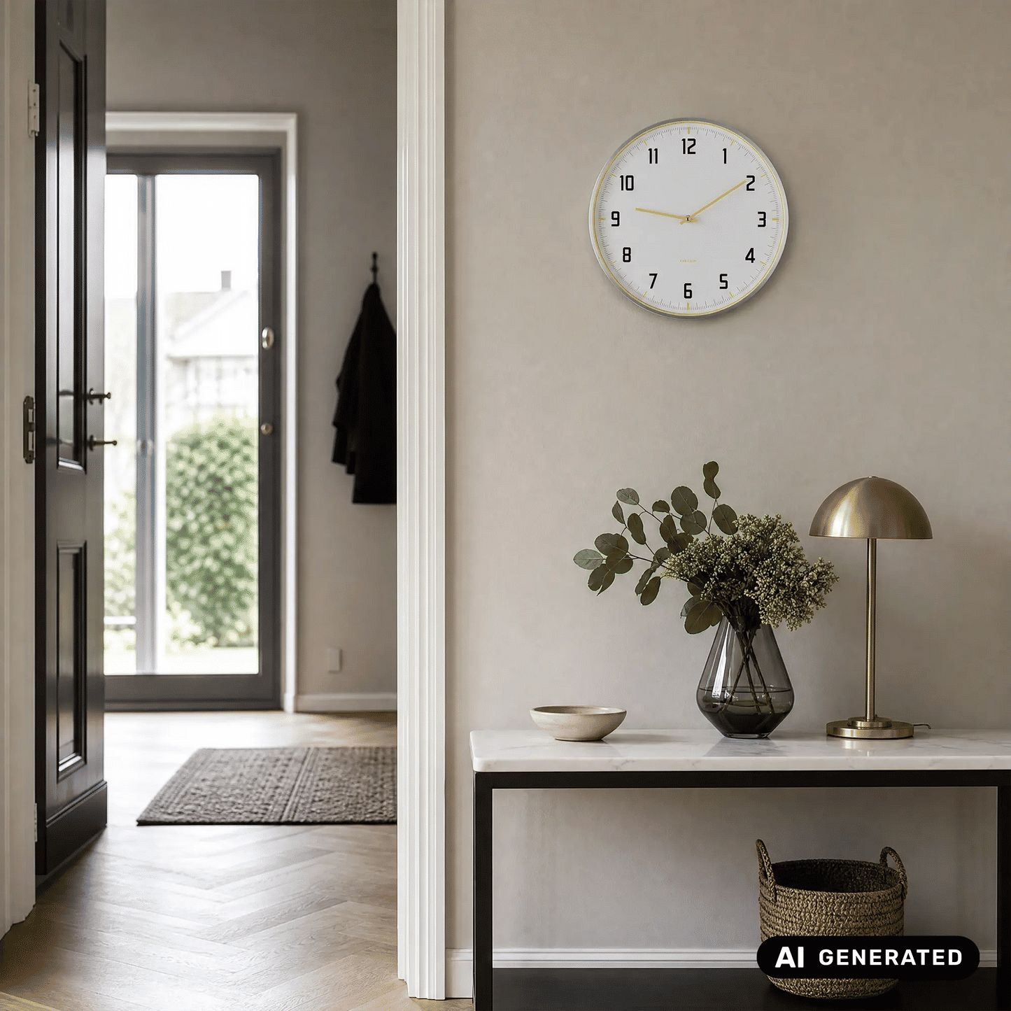 Wanduhr mit weißem Ziffernblatt, gelben Zeigern und schwarzen Ziffern im Aluminiumrahmen