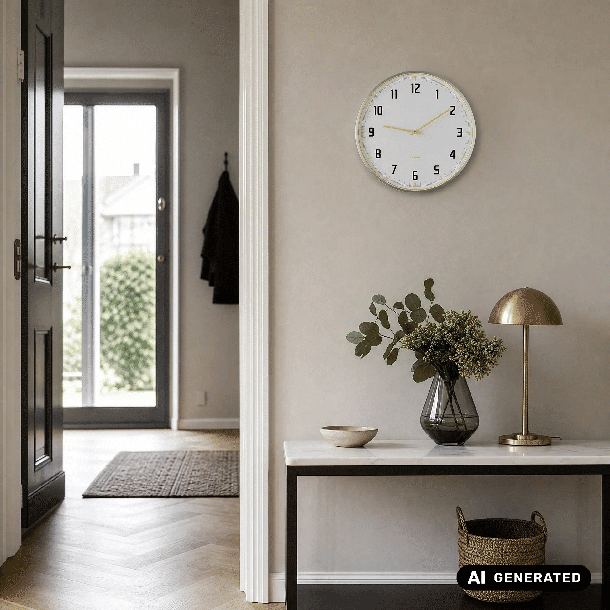 Wanduhr mit weißem Ziffernblatt, gelben Zeigern und schwarzen Ziffern im Aluminiumrahmen
